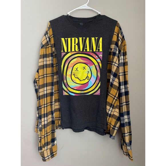 Nirvana Flannel Tshirt, Reworked Flannel, Upcycled, Refashioned - Picture 1 of 2